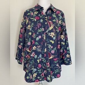 Coldwater Creek Medium Sz 10 3/4 Sleeve Button Top Floral Birds Colorful Spring